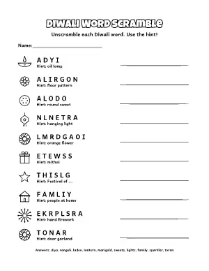 Diwali Word Scramble coloring page – printable line art