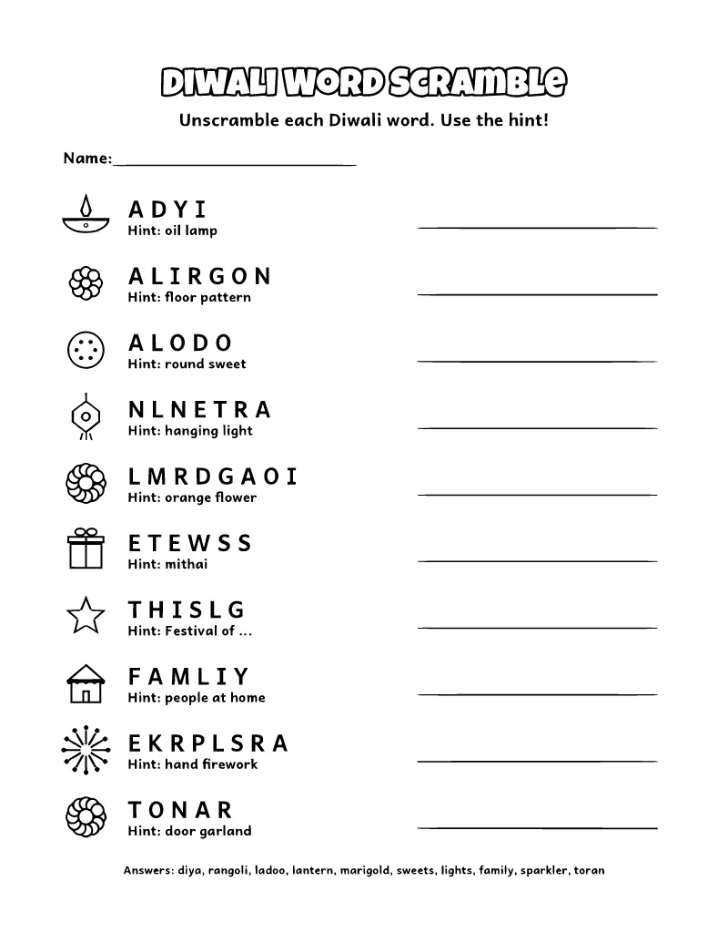 Diwali Word Scramble coloring page – printable black and white line art