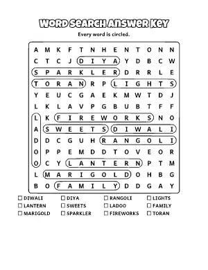 Diwali Word Search Answer Key coloring page – printable line art