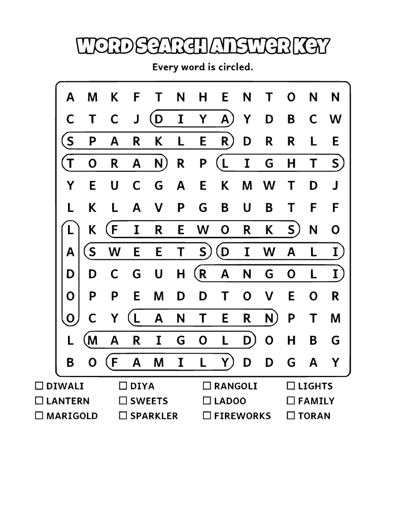 Diwali Word Search Answer Key coloring page – printable black and white line art