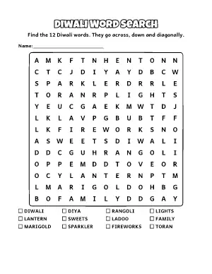 Diwali Word Search coloring page – printable line art