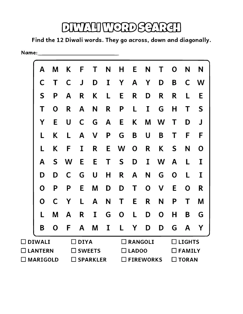 Diwali Word Search coloring page – printable black and white line art