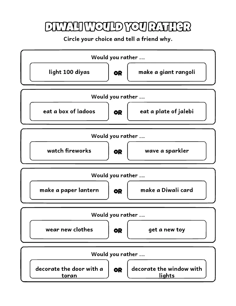 Diwali Would You Rather coloring page – printable black and white line art