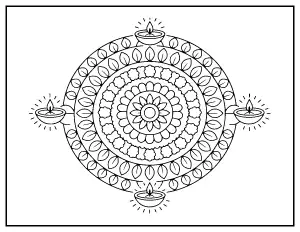 Diya and Marigold Rangoli coloring page – printable line art