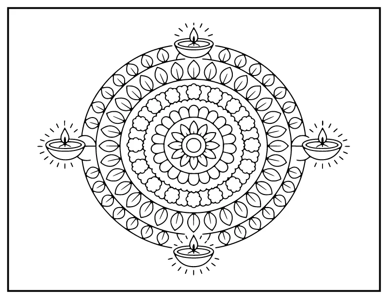 Diya and Marigold Rangoli coloring page – printable black and white line art