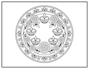 Diyas and Marigolds on a Round Plate coloring page – printable line art