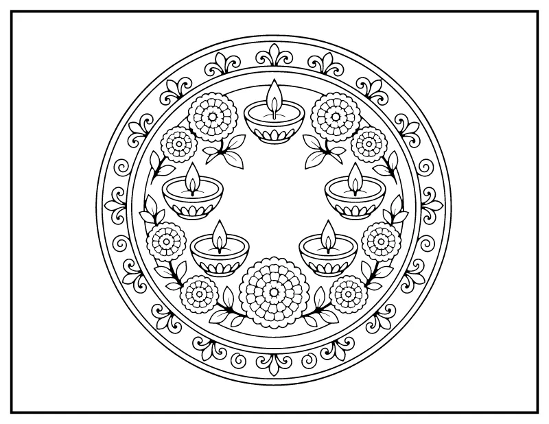 Diyas and Marigolds on a Round Plate coloring page – printable black and white line art