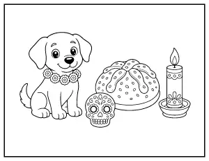 Dog with a Marigold Collar and Sugar Skull coloring page – printable line art