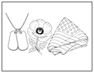 Detailed Dog Tags, Poppy and Folded Flag coloring page – printable line art