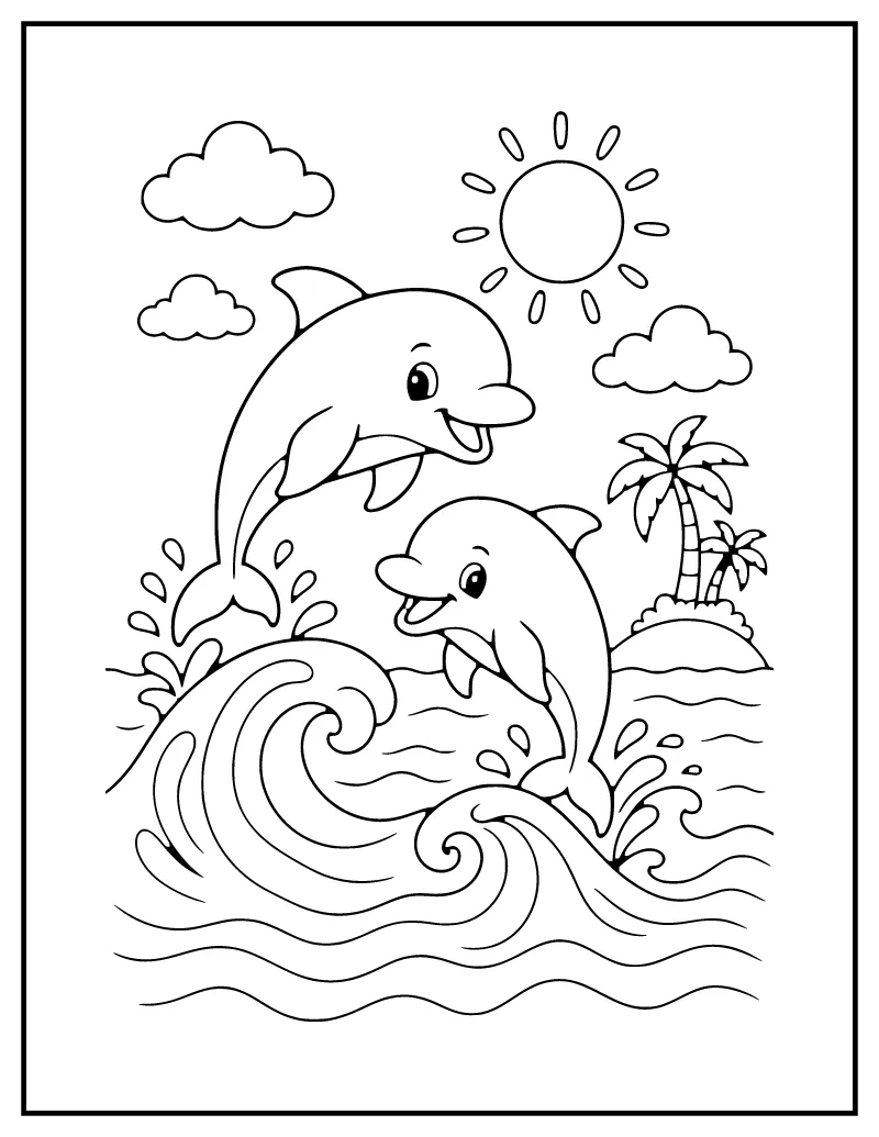 Dolphins Jumping over Waves coloring page – printable black and white line art