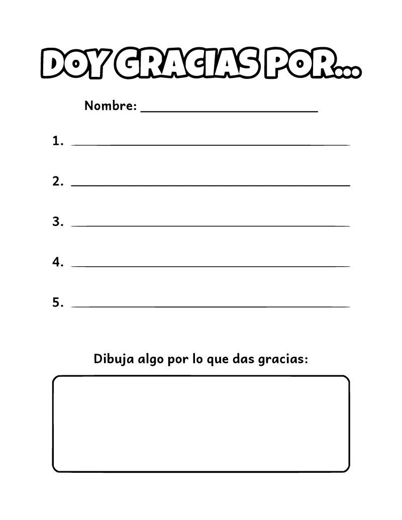 Doy Gracias Por... Spanish Thankful Worksheet coloring page – printable black and white line art