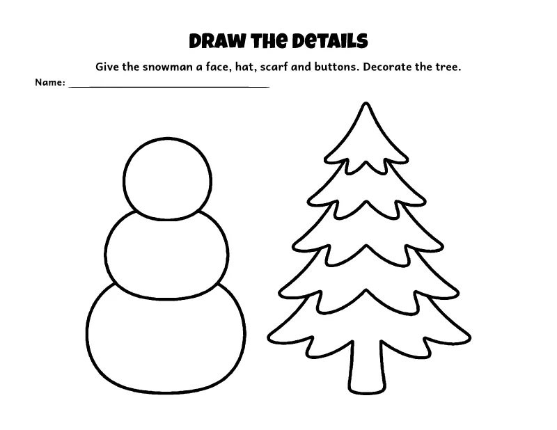 Draw the Details: Snowman and Christmas Tree Coloring Page