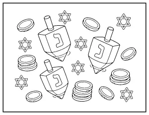 Dreidels, Gelt and Stars coloring page – printable line art