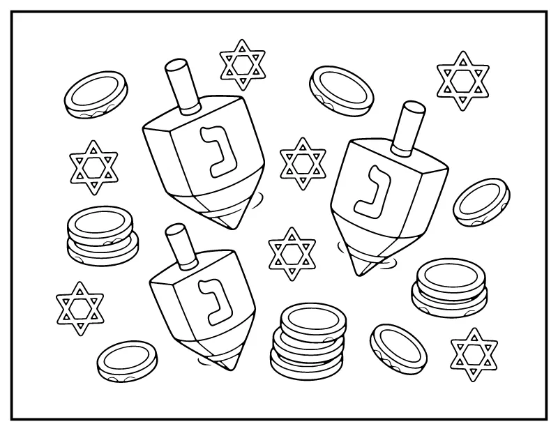 Dreidels, Gelt and Stars coloring page – printable black and white line art