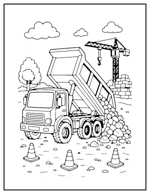 Dump Truck at the Construction Site coloring page – printable line art