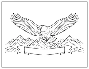 Eagle Flying over Mountains with Banner coloring page – printable line art
