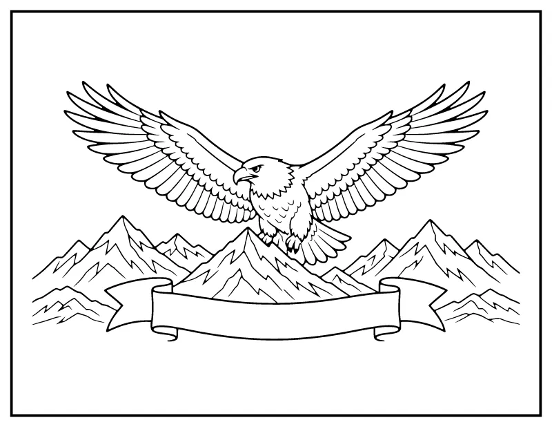 Eagle Flying over Mountains with Banner coloring page – printable black and white line art