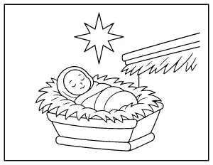 Easy Baby in the Manger with Star coloring page – printable line art