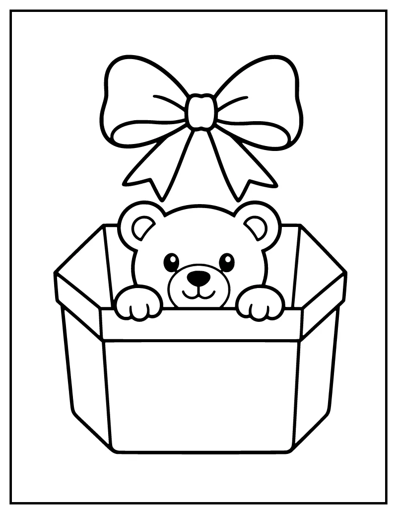 Easy Gift Box with a Teddy Bear coloring page – printable black and white line art