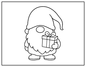 Easy Christmas Gnome with a Gift coloring page – printable line art
