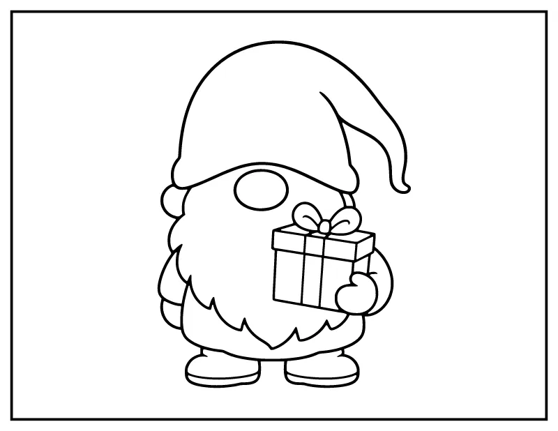 Easy Christmas Gnome with a Gift coloring page – printable black and white line art