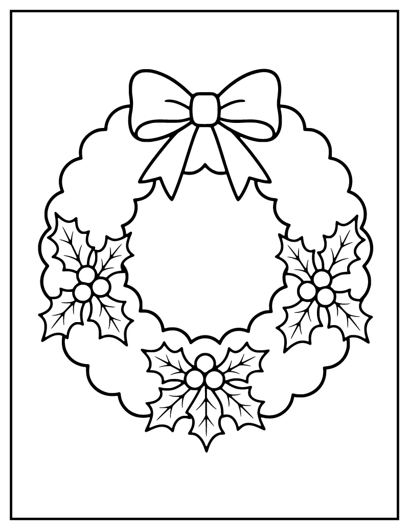 Easy Christmas Wreath coloring page – printable black and white line art