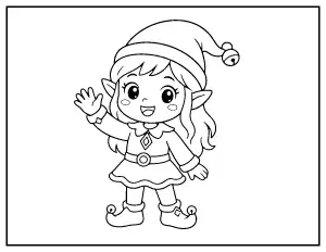 Easy Cute Elf Girl Waving coloring page – printable line art