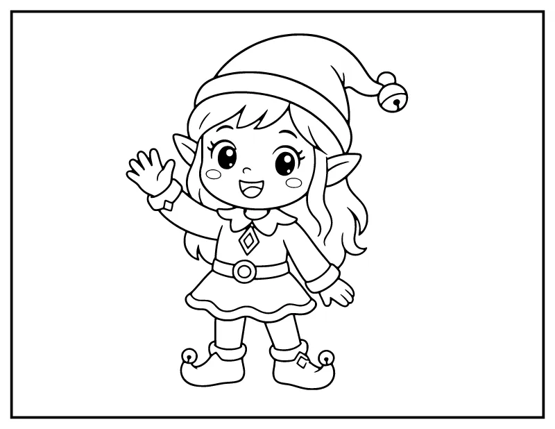 Easy Cute Elf Girl Waving coloring page – printable black and white line art