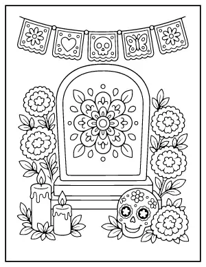Easy Decorated Grave with Marigolds coloring page – printable line art