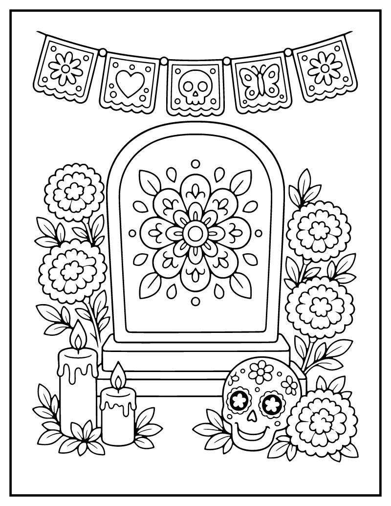 Easy Decorated Grave with Marigolds coloring page – printable black and white line art