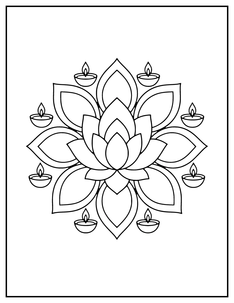 Easy Diwali Mandala for Kids coloring page – printable black and white line art