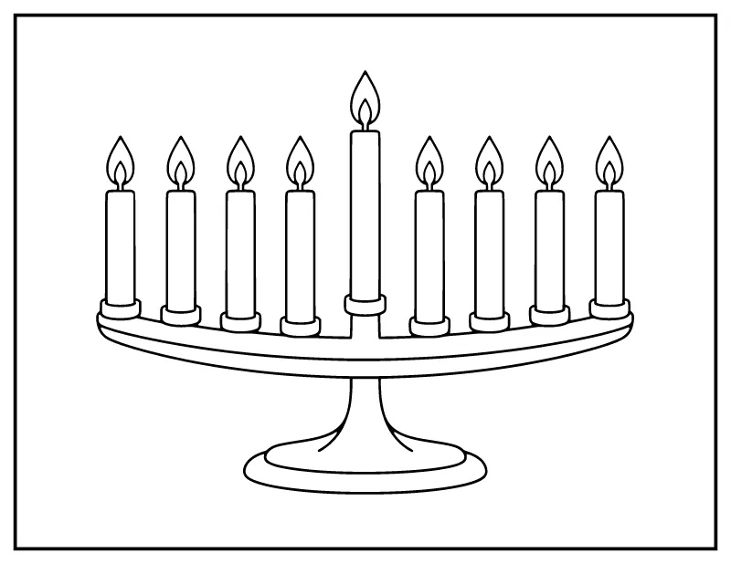 Easy Hanukkah Menorah coloring page – printable black and white line art