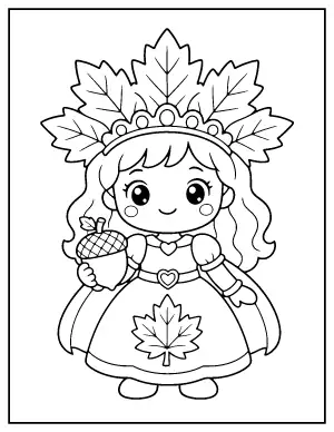 Easy Princess with an Autumn Leaf Crown coloring page – printable line art