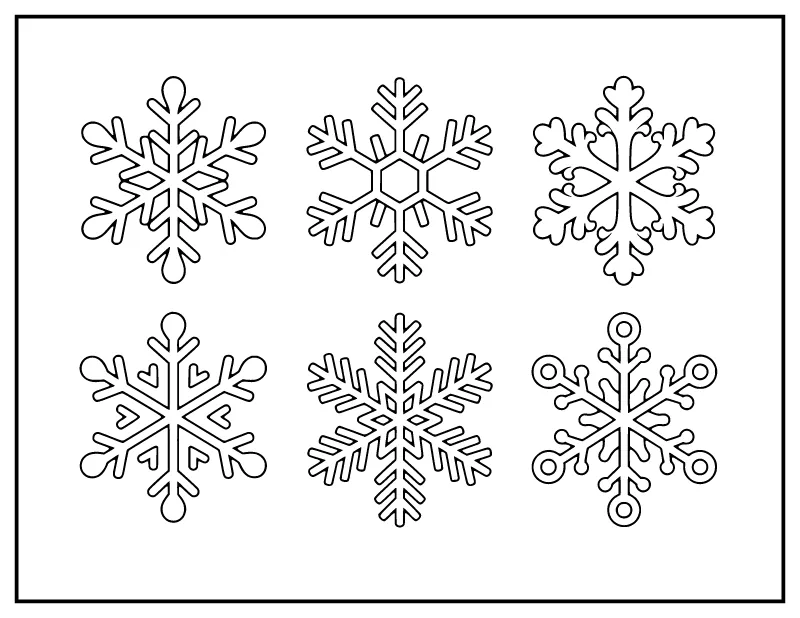 Easy Snowflakes (Six Designs) coloring page – printable black and white line art