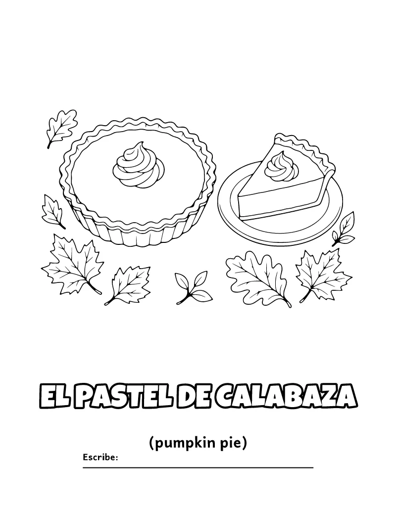 El Pastel de Calabaza (Pumpkin Pie) Spanish Coloring Page coloring page – printable black and white line art