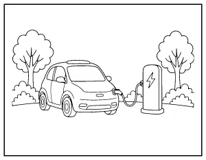 Electric Car Charging coloring page – printable line art