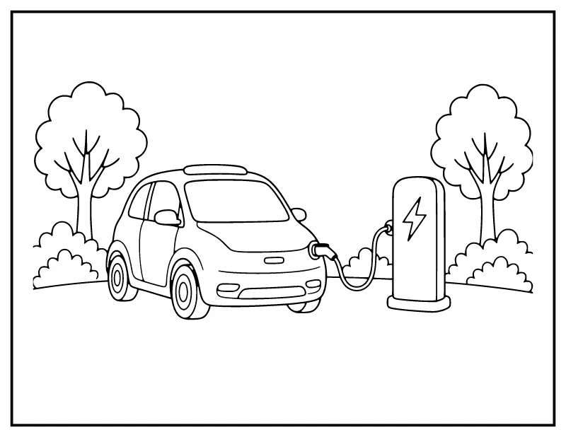 Electric Car Charging coloring page – printable black and white line art