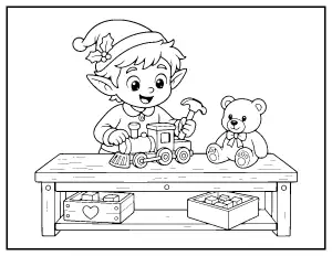 Elf Building a Toy Train coloring page – printable line art