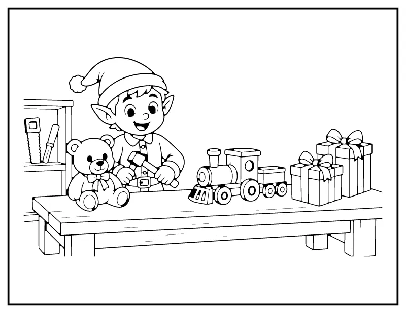 Elf Making Toys coloring page – printable black and white line art