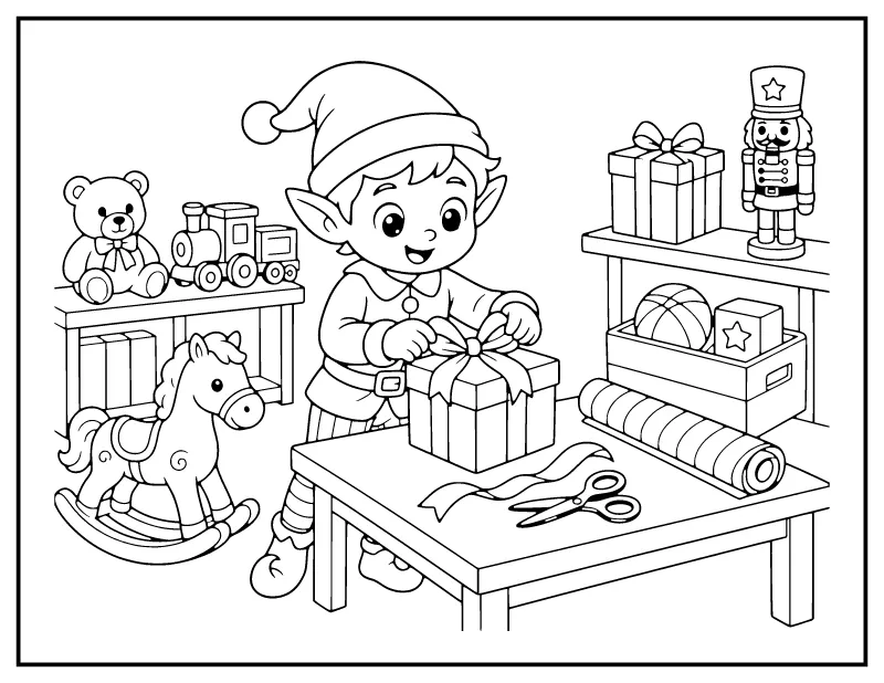 Elf Wrapping Presents in the Workshop coloring page – printable black and white line art