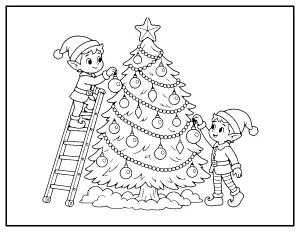 Elves Decorating a Christmas Tree coloring page – printable line art