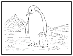Emperor Penguin with Chick coloring page – printable line art