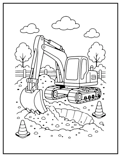 Excavator Digging coloring page – printable line art
