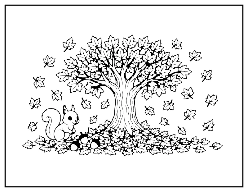 Fall Leaves Falling from a Tree coloring page – printable black and white line art