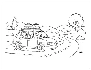 Family Car Road Trip coloring page – printable line art