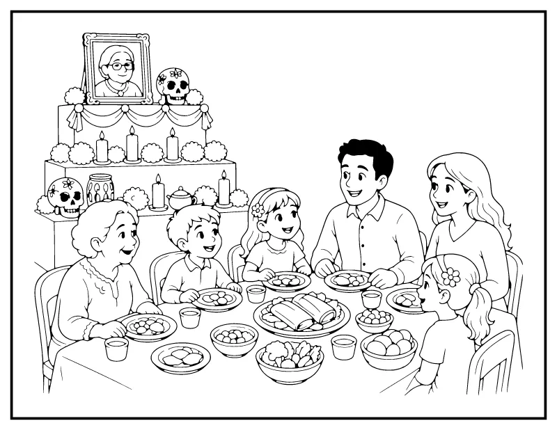 Family Day of the Dead Celebration coloring page – printable black and white line art