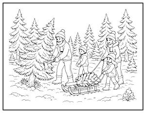 Family at a Christmas Tree Farm coloring page – printable line art