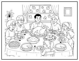 Family Thanksgiving Dinner with Grandparents coloring page – printable line art