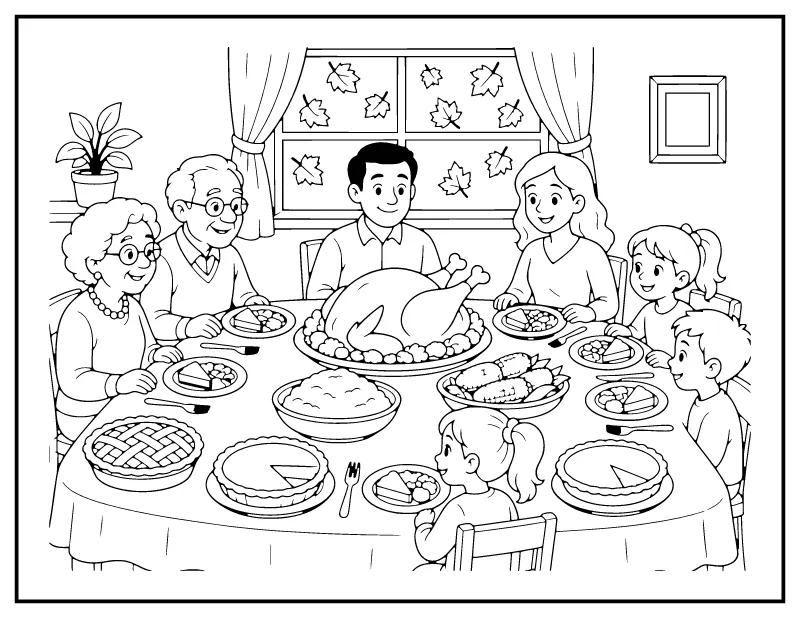 Family Thanksgiving Dinner with Grandparents coloring page – printable black and white line art