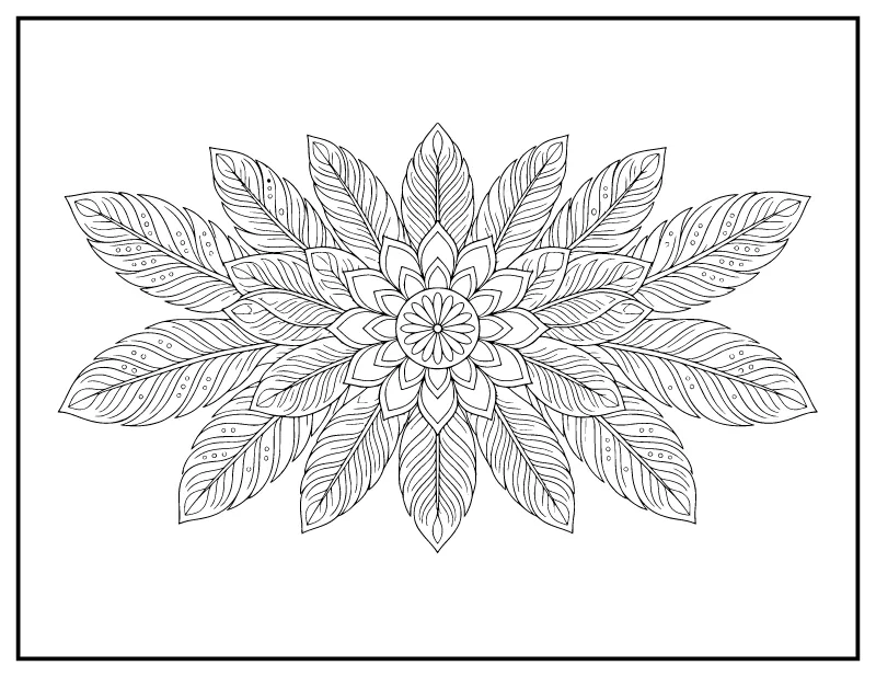 Feather Mandala coloring page – printable black and white line art